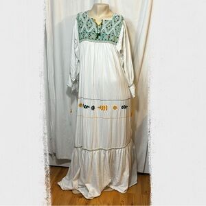 Mexican folk dress white cotton embroidered yellow green large